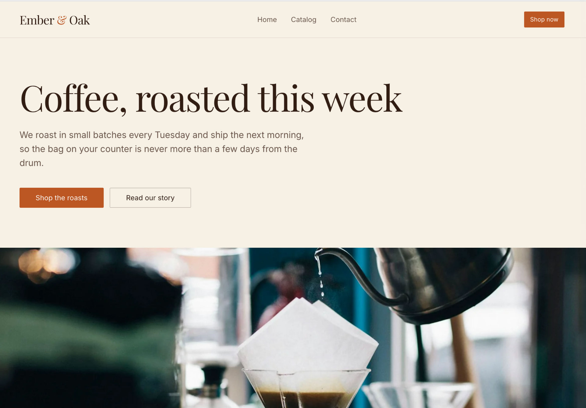 Ember & Oak coffee store running as a Shopify theme